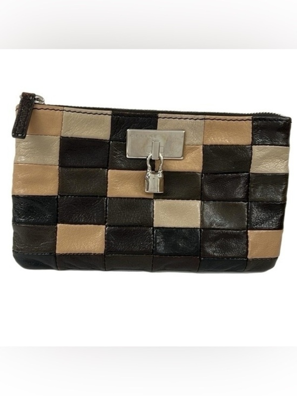 Vintage Céline Patchwork Leather Zip Pouch - Tricolor with Padlock